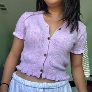 Korean Lavender Cable Knit Button-Down Cardigan Top with Puff Sleeves